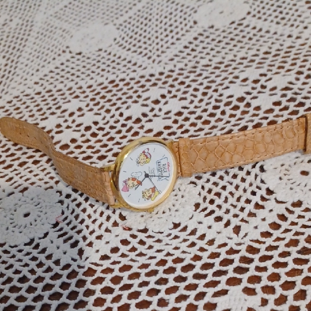 Tan Leather Strap Watch with Cartoon Dial